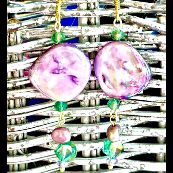 Purple Iridescent Shell Pearl Emerald Green Crystal Mermaid Colors Drop Earrings - Picture 3 of 5